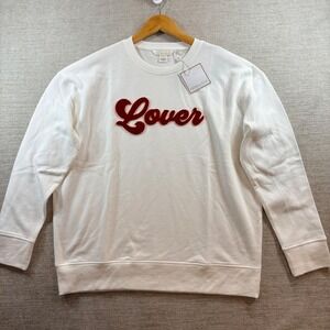 SHIRALEAH Ivory Lover Sweatshirt Red Heart Elbow Patches Size L
